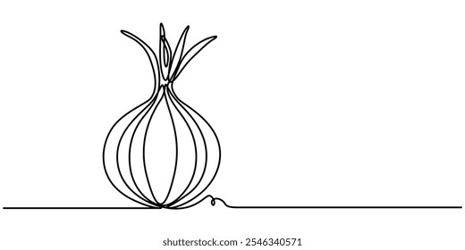 Dibujo de línea continua de ajo y perejil Sobre un fondo transparente, una línea continua que dibuja dos cebollas de bulbo orgánico de frescura saludable completa para cosechar la identidad del logotipo. Cebolla común fresca.