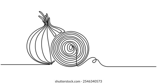 Dibujo de línea continua de ajo y perejil Sobre un fondo transparente, una línea continua que dibuja dos cebollas de bulbo orgánico de frescura saludable completa para cosechar la identidad del logotipo. Cebolla común fresca.