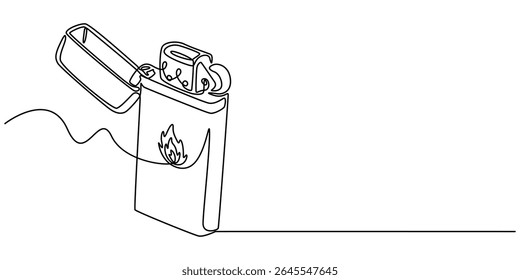 continuous line drawing of gas lighter.one line drawing of lighter.single line vector illustration.isolated white background, continuous line drawing of a zippo lighter, cigarette lighter, minimalist.