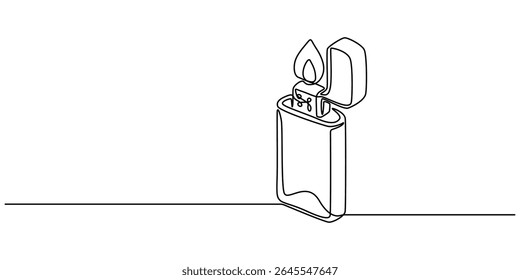 continuous line drawing of gas lighter.one line drawing of lighter.single line vector illustration.isolated white background, continuous line drawing of a zippo lighter, cigarette lighter, minimalist.