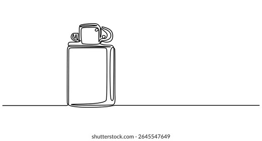 continuous line drawing of gas lighter.one line drawing of lighter.single line vector illustration.isolated white background, continuous line drawing of a zippo lighter, cigarette lighter, minimalist.