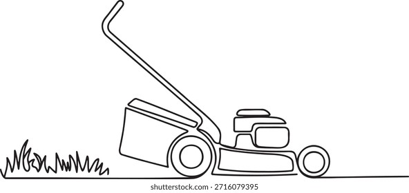 Dibujo de línea continuo de la ilustración de césped de cortacésped de empuje impulsado por gasolina. Arte de contorno de Vector minimalista simple que representa el equipo de mantenimiento de jardinería en el hogar. Obra de arte monocromática simple que simboliza la máquina de tareas de jardinería de primavera y verano para el mantenimiento de la propiedad de cuidado del césped y césped.