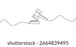Continuous line drawing of a judge’s gavel, symbolizing law, justice, or legal decisions. Minimalist design suitable for court, legal services, auction, or authority-related concepts.