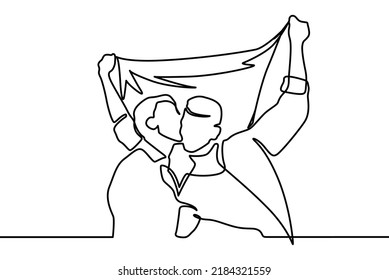 Continuous line drawing gay couple hugging each other holding pride flag  Hand drawn couple line art vector illustration  Man kiss sketch  Happy together  Lovers outline drawing  Love concept  Gay 