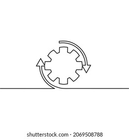 Continuous line drawing of gear with arrow, object one line, single line art, technology business, vector illustration