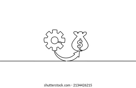 Continuous Line Drawing Of Gear With Arrow And Money Bag, Business Growth, Object One Line, Single Line Art, Vector Illustration