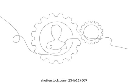 Kontinuierliche Zeichnung der Ausrüstung mit dem Menschen innen, Technik Fortschritt. Einzeilige Kunst mit Zahnradreifen. Doodle Art. Vektorgrafik