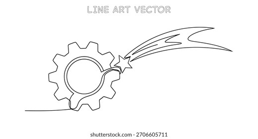 Dibujo de línea continuo de un engranaje y una estrella fugaz que representan un rápido progreso mecánico