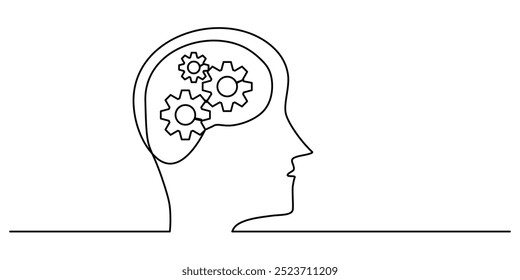 Dibujo de línea continua de un símbolo de engranaje dentro de una cabeza. Diseño minimalista que representa el concepto de pensamiento y productividad. Ilustración vectorial.