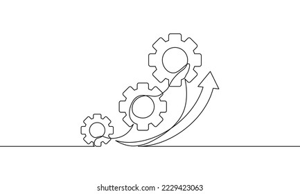 Continuous line drawing of gears with arrow, business growth, arrow up icon, gear sign symbol, object one line, single line art, vector illustration