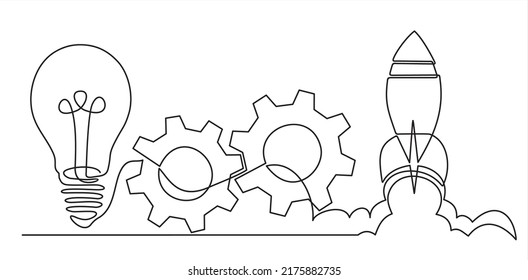 continuous line drawing of gears, lights idea and Rocket launch, ship.Continuous line drawing. Startup business. Vector illustration. Isolated on white background. 