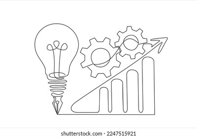 dibujo de línea continua de engranajes, idea de luces y gráfico.Dibujo de línea continuo. Empresa de inicio. Ilustración vectorial. Aislado sobre fondo blanco. 