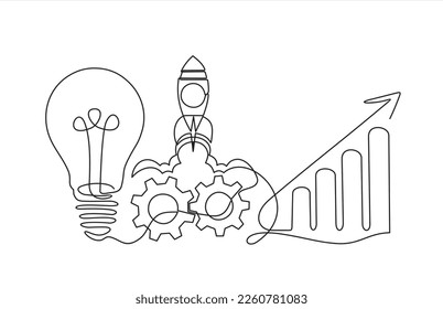 continuous line drawing of gears, lights idea, Rocket launch, ship and increasing up arrows bar graph.Continuous line drawing. Startup business. Vector illustration. Isolated on white background. 