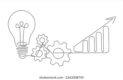 continuous line drawing of gears, lights idea and graph.Continuous line drawing. Startup business. Vector illustration. Isolated on white background. 