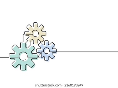 Continuous line drawing. Gears minimalist on white background. Vector illustration