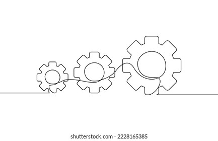 Dibujo de línea continua de engranajes, rueda cognoscitiva en movimiento, crecimiento empresarial, tecnología de cog, objeto de una línea, arte de una sola línea, ilustración vectorial