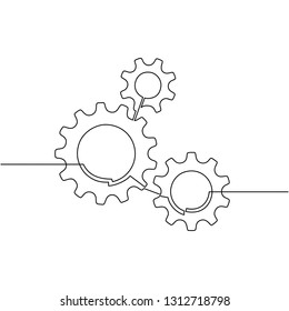 Continuous line drawing of gears wheel. Gears are drawn by a single line on a white background. Vector