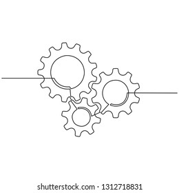 Continuous line drawing of gears wheel. Gears are drawn by a single line on a white background. Vector