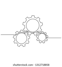 Continuous line drawing of gears wheel. Gears are drawn by a single line on a white background. Vector