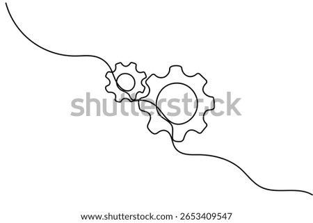 Continuous line drawing of gears wheel Editable stroke