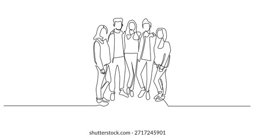 Kontinuierliche Linienzeichnung einer Jugendgruppe der Generation Z, die zusammensteht und Freundschaft, Vielfalt, Zuversicht und moderne soziale Verbindung symbolisiert. Einzeilige Illustration, geeignet für Themen aus Lifestyle, Community und Jugendkultur.