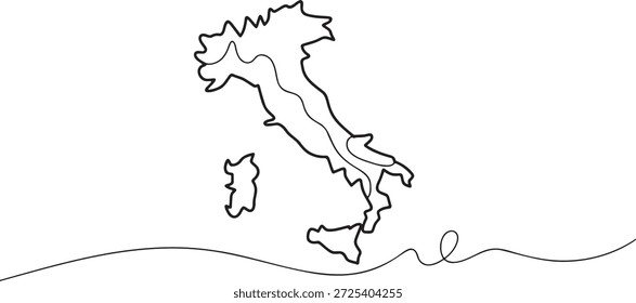 Continuous line drawing of the geographical outline map of Italy. Includes Sicily and Sardinia. Simple minimalist representation of country borders on transparent background.