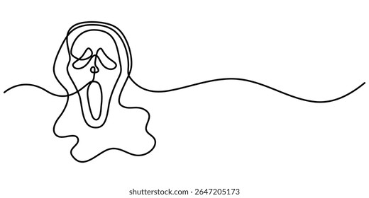  continuous line drawing of ghost face. minimalist line drawing of ghost character face, fantasy, halloween, horror. single line vector illustration, Ghost in single line. Drawing for Halloween.
