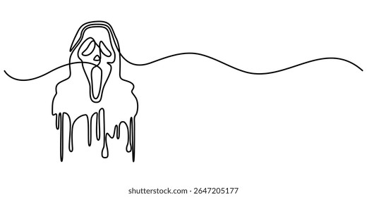  continuous line drawing of ghost face. minimalist line drawing of ghost character face, fantasy, halloween, horror. single line vector illustration, Ghost in single line. Drawing for Halloween.