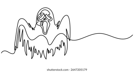  continuous line drawing of ghost face. minimalist line drawing of ghost character face, fantasy, halloween, horror. single line vector illustration, Ghost in single line. Drawing for Halloween.