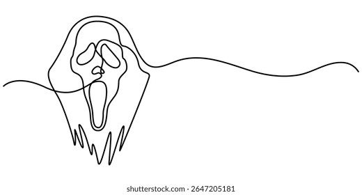  continuous line drawing of ghost face. minimalist line drawing of ghost character face, fantasy, halloween, horror. single line vector illustration, Ghost in single line. Drawing for Halloween.