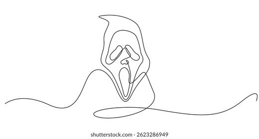 continuous line drawing of ghost face.minimalist line drawing of ghost character face,fantasy,halloween,horror.single line vector illustration