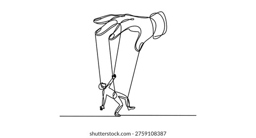 Continuous line drawing of a giant hand controlling a small human puppet on strings.