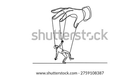 Continuous line drawing of a giant hand controlling a small human puppet on strings.