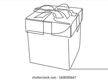 Continuous line drawing of gift box with ribbon bow. Vector illustration.