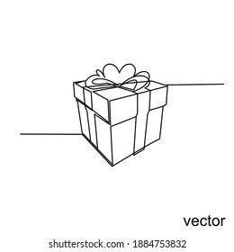 Continuous line drawing of gift box with ribbon bow, Vector design. Wrapped surprise package for Christmas or birthday party isolated on white background. Party and celebration concept. 