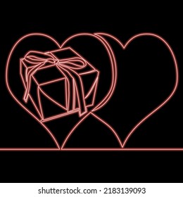 Continuous line drawing Gift box with a bow and two hearts icon neon concept