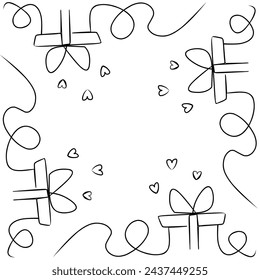 Continuous line drawing of gift box. Vector illustration of lines forming a gift box on a white background.