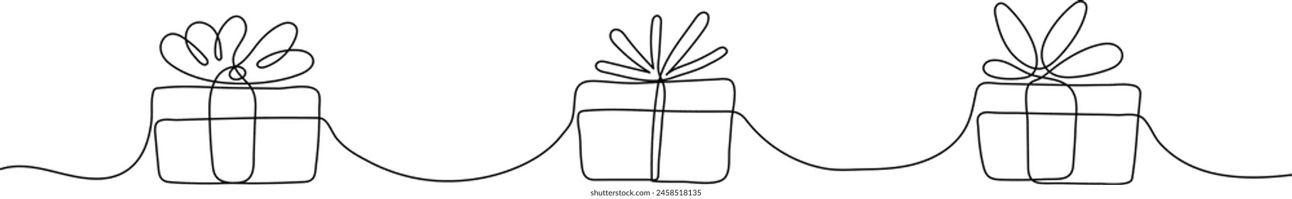 Continuous line drawing of gift box with bow on white background.