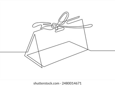 Continuous line drawing of gift box with bow on white background. Wrapped surprise package for christmas or birthday party .Party and celebration. Flat cartoon line art outline vector illustration