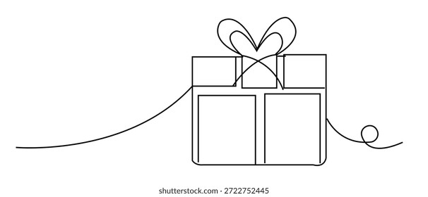 Kontinuierliche Linienzeichnung einer Geschenkbox mit Bogen, minimalistischer Stil.