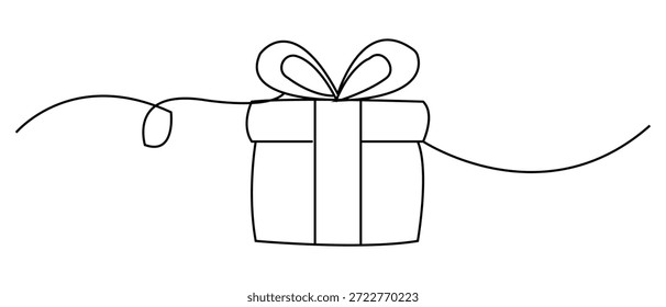 Continuous line drawing of a gift box with a bow, minimalist style.	