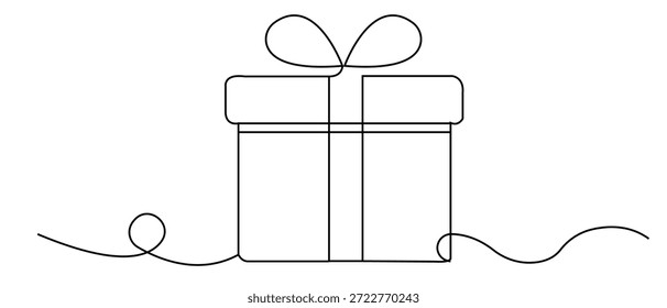 Dibujo de línea continua de una caja de regalo con un lazo, estilo minimalista.	