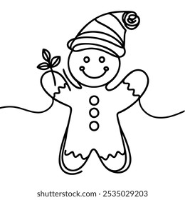Continuous line drawing of Gingerbread cookie christmas. Vector illustration