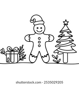 Continuous line drawing of Gingerbread cookie christmas. Vector illustration