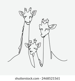 Continuous line drawing of giraffe family. Animal, nature, wild concept Editable stroke. Vector illustration.
