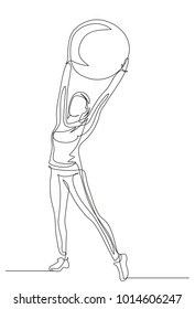 Continuous line drawing. Girl with a ball in her hand. Fitness. Vector illustration