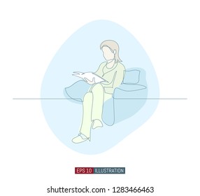 Continuous line drawing of girl with a book in the armchair. Template for your design works. Vector illustration.