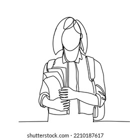 Continuous line drawing of girl with book and standing, teenager college woman holding stack of books and studying on white background. Hand drawn single line vector illustration