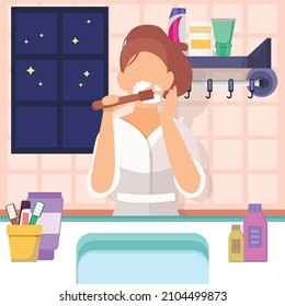 continuous line drawing of a girl brush her teeth before going to bed to protect yourself from germs and bacteria. Vector colorful illustration. Before and After sleep activity