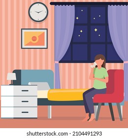 continuous line drawing of a girl calling someone before going to bed to tell her something. Vector colorful illustration. Before and After sleep activity